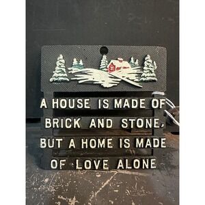 Vintage Cast Iron Wall Plaque Trivet Home Quote Winter Cabin Scene 1960s Farm